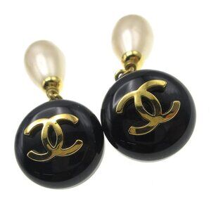 Chanel Artificial Pearl Dangle Earrings Clip-On Black Gold 94P 99580